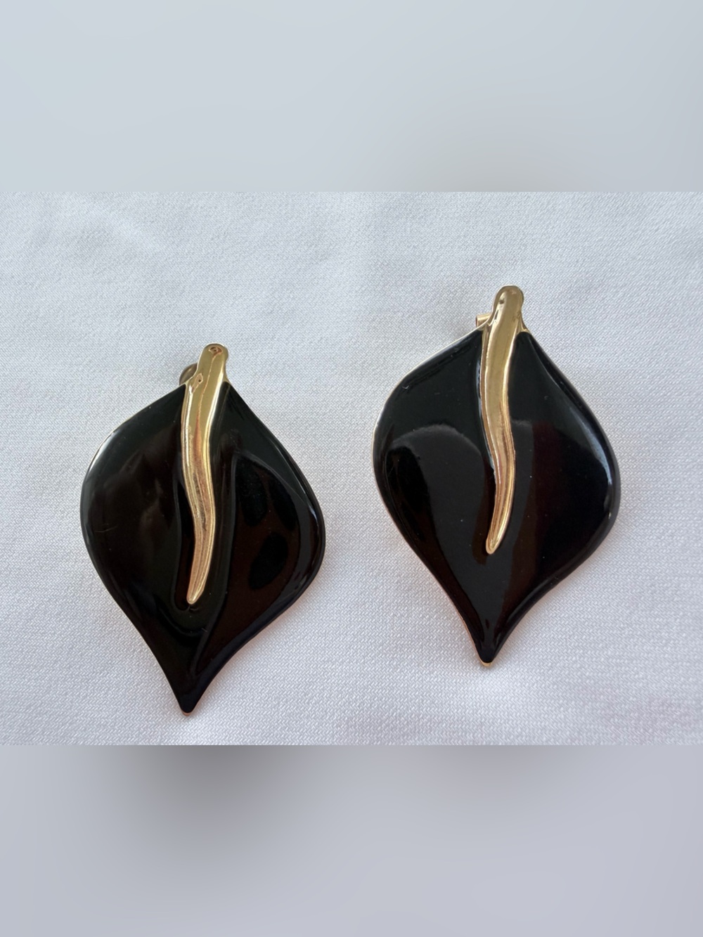 Black Enamel Leaf Post Earrings with Gold Accent